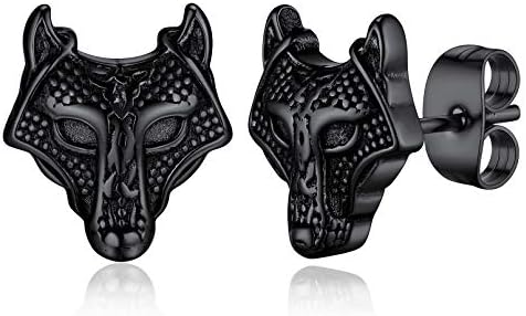 FaithHeart Norse Viking Earrings Studs Stainless Steel Wolf Head/Thor Hammer/Compass/Valknut Ear Jewelllery Punk Earring Set for Men Women