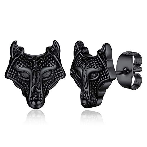 FaithHeart Viking Animals Huggie Hoop Earrings for Men, Gothic Dragon/Snake/Dinosaur/Wolf Earrings Stainless Steel Hypoallergenic Lightweight Stud Earrings Mens Punk Rock Jewelry Gift D-Wolf