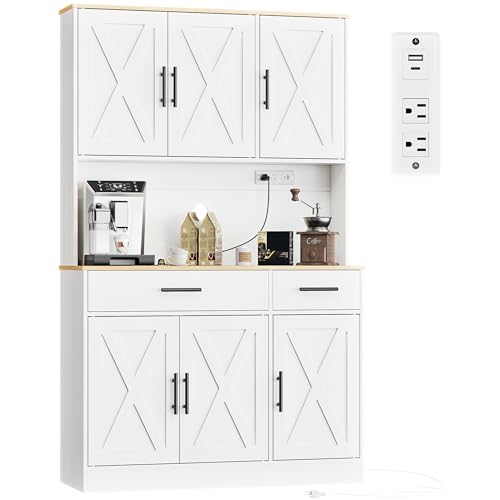 Shintenchi Pantry Cabinet with Charging Station, 70” Tall Kitchen Storage Cabinet with Microwave Stand, Storage Drawers & Adjustable Shelves, Large Capacity Kitchen Hutch for Dining Room, White