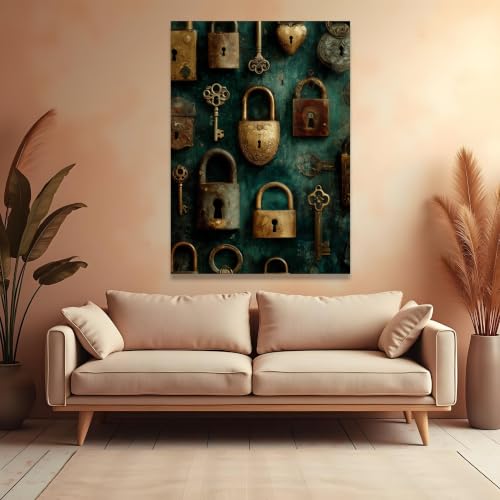 Tableau steampunk cadenas clés laiton déco murale vintage