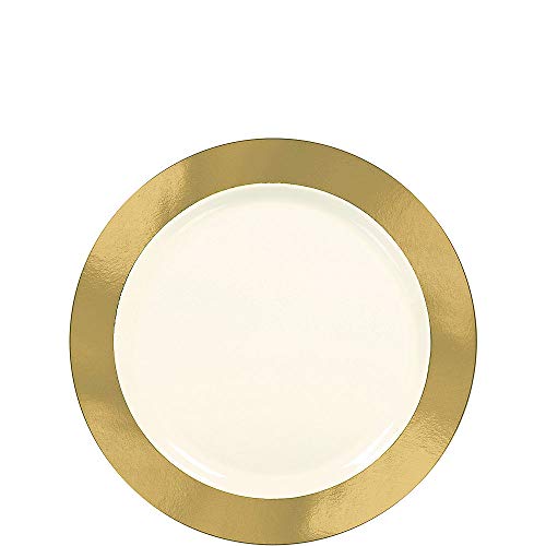 ELEGANI Premium Tableware Party Supplies; Cream Gold Border Premium Plastic Appetizer Plates (2X Pack of 10ct Each)
