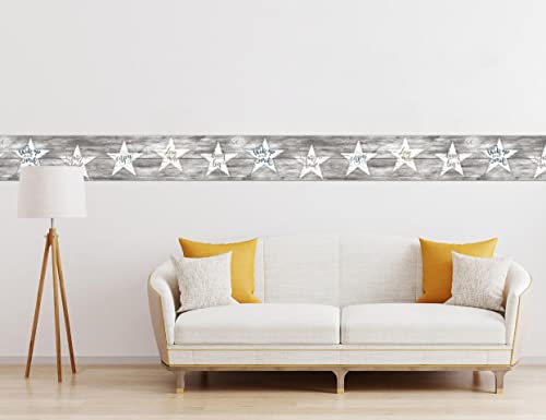 Gb4030 Distressed Wood Peel And Stick Wallpaper Border Farmhouse Star Affirmation 10In Height X 15Ft Long, Neutral Brown Gray Off White #TOP4