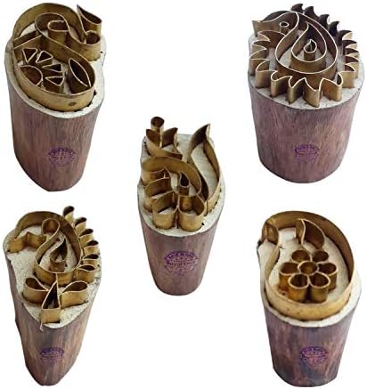 Royal Kraft Floral Brass Wooden Printing Stamps (Set of 5) - DIY Fabric, Clay, Pottery Blocks BHtag0002