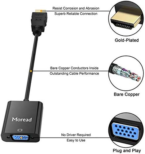Moread HDMI to VGA, Gold-Plated HDMI to VGA Adapter (Male to Female) for Computer, Desktop, Laptop, PC, Monitor, Projector, Chromebook, Raspberry Pi, More - Black