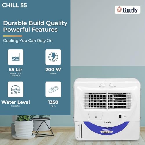 Image of Bhaburly Chill 55L Window Air Cooler for Home Powerful Air Throw Dual Side Water Inlet Wood Wool 1350 RPM 200 W 1 Year Warranty 8 inch Blower 3200 cmh Inverter Compatible 1 yr Warranty