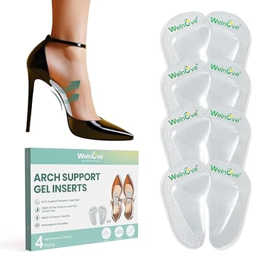 Arch Support Inserts Flat Feet - Welnove 4-Pair Gel Arch Support Insoles for Plantar Fasciitis, Foot Pain Fatigue Relief - Soft Heel Pads Adhesive Fit Most Shoes, Men Women, 0.47" Height