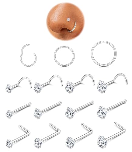 ORAZIO 18G 20G Nose Rings Studs Surgical Steel Gold/Silver Nose Rings for Women Men Hypoallergenic CZ L Shaped/Corkscrew/Straight Nose Studs Hinged Clicker Nose Rings Hoops Tiny Lip Stud Septunm Conch Ring Cartilage Earrings Body Piercing Jewelry