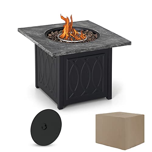 PHI VILLA Square Patio Gas Fire Pit Table, 32 Inch 50,000 BTU Outdoor Propane or Natural Gas Fire Pit Table Terra Fab Imitation Stone Tabletop w/Lid & Lava Rocks for Outside, Black