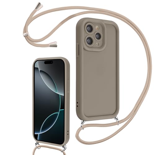Coalbooliy Cover per iPhone 16 Pro 6,3' con Cordino per Cellulare, Custodia Silicone con Regolabile Collana Sottile Morbida Case Protezione della fotocamera Antiurto con Necklace, Cachi