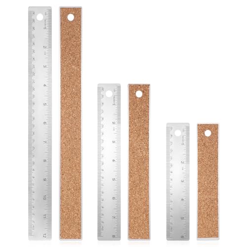 3 reglas de metal con parte trasera de corcho, regla de acero inoxidable y metal, 15 cm, 20 cm, 30 cm, regla de corcho, regla de metal antideslizante con pulgadas y centímetros, borde recto para