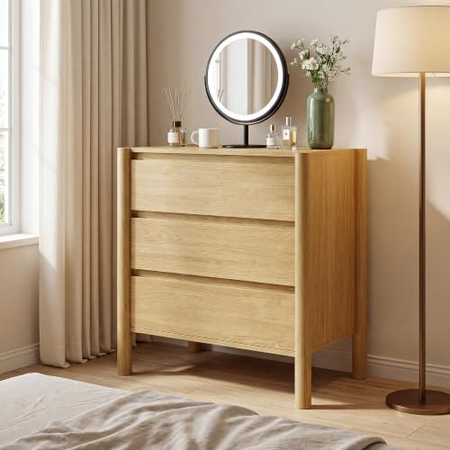 HOUROM Oak3-Drawer Dresser for Bedroom,Oak Mid-Century Modern Chest with Solid Wood Legs,Concealed Handle,Large Wood Storage Organizer,Small Wooden Storage Bedside Table Nightstand for Bedroom - Image 6