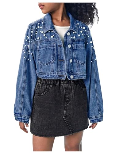 WDIRARA Girl's Beaded Denim Jacket Button Down Collared Long Sleeve Jeans Jackets Y2K Outerwear Medium Wash 10Y