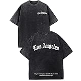 Bobeutou Oversized Graphic Tshirts for Men Los Angeles Vintage Tees Streetwear Acid Wash Baggy Cool Shirts Casual Tops (Black,XL)