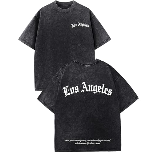 Bobeutou Oversized Graphic Tshirts for Men Los Angeles Vintage Tees Streetwear Acid Wash Baggy Cool Shirts Casual Tops (Black,L)