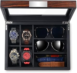ikkle Watch Box,Wooden Watch Jewelry Display Case had 4 Slots 3 Compartments, Mens Watch Holder Display Case with Glass Lid as Gift, Removable Watch Pillow, Metal Clasp,PU Leather Interior
