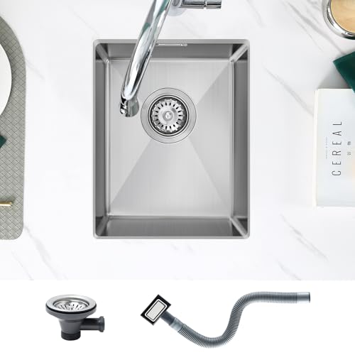KEOKBON Fregadero pequeño de cocina de 35 x 40 x 19 cm, de acero inoxidable empotrado rectangular para bar, pub, caravana, con agujero de desbordamiento, esencial para cocina, proceso nano plata