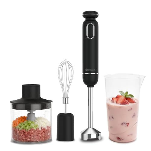 Batidora de mano MULIN 4 en 1, 600W con velocidad ajustable y protector contra salpicaduras, incluye batidor, vaso y picadora, ideal para sopas, salsas y batidos en la cocina