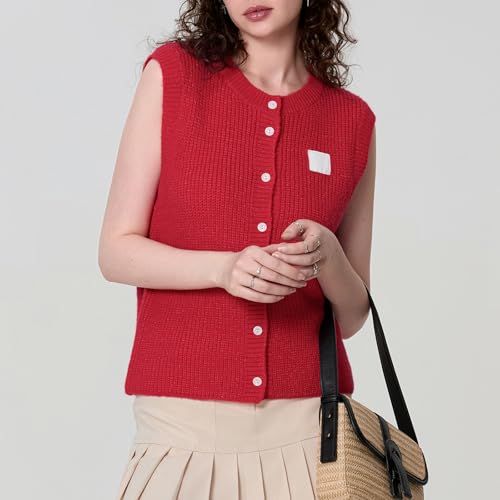 Image of Women Chunky Button Sweater Vest Sleeveless Round Neck Rib Knitted Tank Top Y2k Knitted Cardigan Vest Shirt