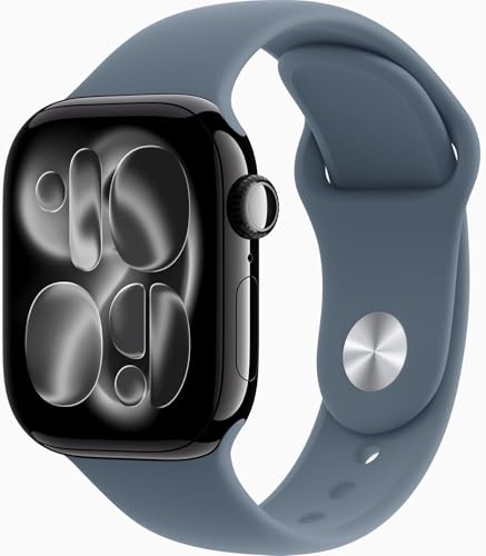 Apple Watch Series 11 [GPS + Cellular, 42mm] Jet Black Aluminum Case with Anchor Blue Sport Band, S/M (Renewed Premium)