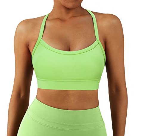 Rxrxcoco Women Padded Open Back Sports Bra Spaghetti Strap Racerback Low Impact Workout Yoga Bra Cropped Tank Tops(Neon Green,S) #TOP4