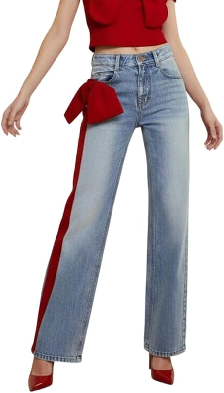 Oshoplive Womens High Waisted Straight Leg Jeans Denim Pants with Side Stripe Vintage Bow Design Stretchy Jean