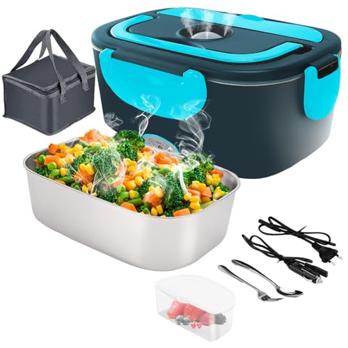 Gentre Fiambrera Electrica 12V/24V/220V/110V 4 en 1 Calentador de Comida para Coche Camión y Trabajo Portatil 1.5L 60W Tartera Acero Inoxidable Termo Comida con Bolsa Térmica y Juego de Cubiertos