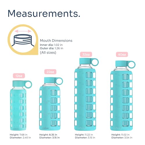 purifyou 40oz / 32oz / 22oz / 12oz Borosilicate Glass Water Bottle with Time & Volume Markers, Silicone Sleeve, Stainless Steel Lid | Reusable Glass Bottle for Water & Juice (32oz Aqua Blue)