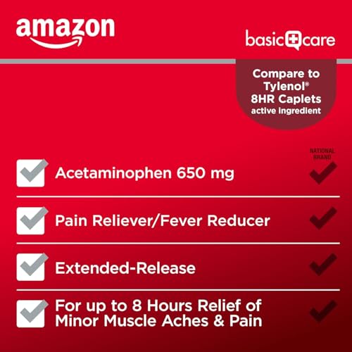 Image of Amazon Basic Care Acetaminophen Extended-Release Tablets, 650 mg, Pain Reliever, Fever Reducer, 8 Hour Relief, 100 Count