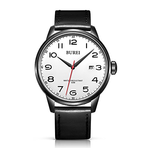 BUREI Men's Date Classic Easy Reader Watch with Black Canvas Leather Strap