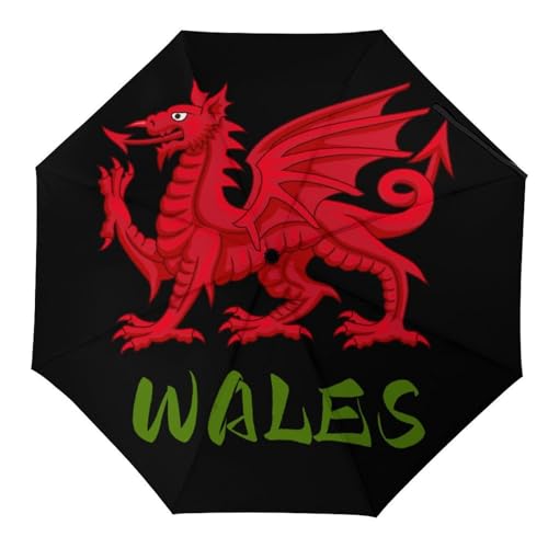 Image of Wales Welsh Dragon Travel Umbrella Windproof Automatic Umbrellas 3 Folding Compact Umbrellas for Rain And Sun
