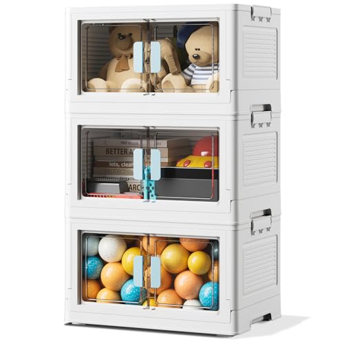 BTGGG Caixas de armazenamento de plástico dobráveis, conjunto de 3 50 l, caixa dobrável de plástico com tampa e rodas para quartos, salas, 49,5 x 35 x 88 cm, branco