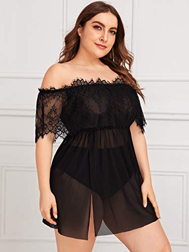 Romwe Women's Plus Size Sexy Off Shoulder Lace Mesh Lingerie Chemise Babydoll Sleepwear Black 1Xl #TOP3