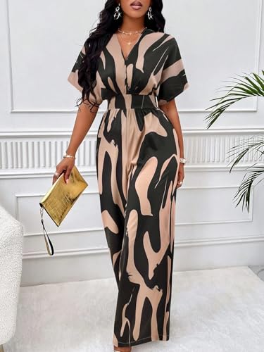 Image of PerZeal Women's V-Neck Short Sleeve Printed Jumpsuit with Pockets - Casual Wide Leg One-Piece Romper for Summer(S-XXL)