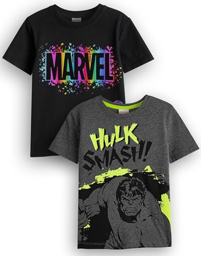 Image of Marvel Boys Pack of 2 T-Shirts | Kids Superhero Short Sleeve Graphic Tees in Black & Dark Heather Grey | Classic Logo & Hulk Smash Comic Book Artwork Apparel Tops | Film Movie Merchandise Gift