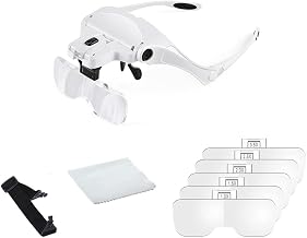 Head Mount Headband Magnifier 2 LED Lights Jeweler Magnifier Visor with 5 Removable Glasses for Jewelry Reading Watch