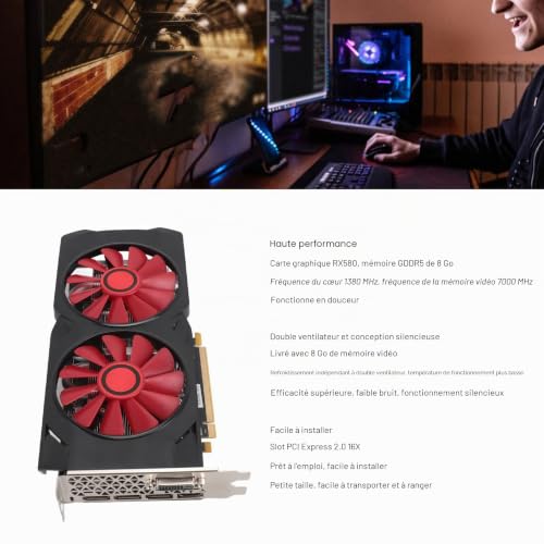 BONKZEBU Carte Graphique de Jeu RX 580, Carte Graphique GDDR5 8 Go, Carte Graphique de Jeu PCIe à Double Ventilateur de Refroidissement Silencieux 256 Bits pour Ordinateur de Bureau – vue 3