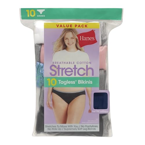 Image of Hanes Women's Stretch Cotton Moisture-Wicking Bikini Underwear Value Pack, Smoothing Bikini Panties 10-Pack (Colors May Vary)
