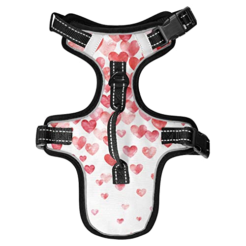 Oyihfvs Valentine's Day Watercolor Hearts Falling Red Hearts on White Dog/Cat Vest Harness, Reflective Adjustable Antiskid No Pull Pet Harness with Leash Clips Easy Control Handle for Cats Dogs S
