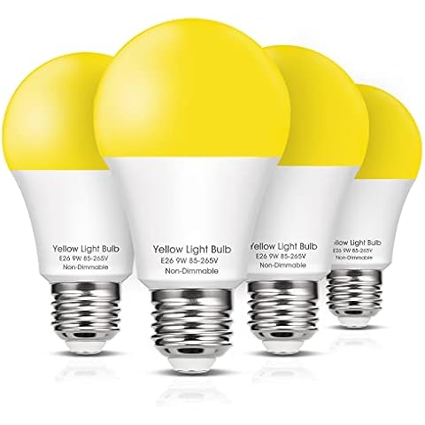Yellow LED Bug Light Bulbs Outside, A19 LED Yellow Bug Bulb Outdoor 60W Equivalent, 9W Yellow Amber Bug Lights E26 Base Porch Lights, Non-Dimmable LED Lighting for Home, Patio, Deck, Backyard, 4 Pack Cover