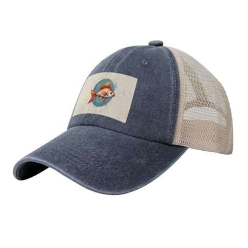 WOmeng Hermosa gorra de béisbol de malla vaquera con estampado de peces, ajustable, transpirable, para uso diario al aire libre, camping, viajes, azul marino, Talla única