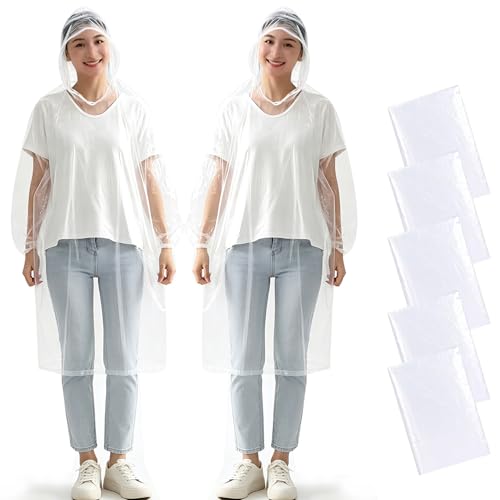wehers Regenponcho, 5 Stück Regenponcho Einweg für Herren und Damen Regencape mit Langen Ärmeln & Kapuze Regen Ponchos Wasserdichte für Festival, Konzert, Wandern, Radfahren(Weiß)