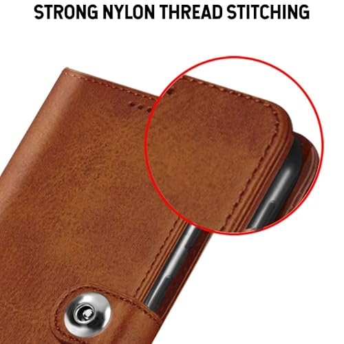 Image of Genuine Leather Finish Flip Back Cover Case for Mi Redmi A4 5G / Redmi 14C 5G / Poco C75 5G / Poco M7 5G | Inbuilt Pockets & Stand | Designer Button Magnet Flip Cover (Faux Leather(Brown)