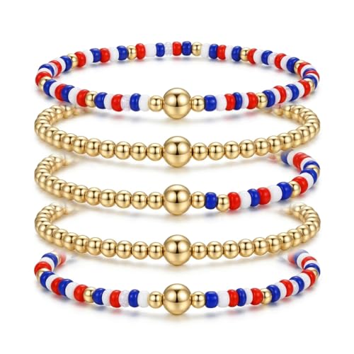 Tyebiva 4th of July Outfits for Women USA Flag Outfit Red Blue White Gold Beaded Bracelets Stack Stretch Patriotic Jewelry Accessories