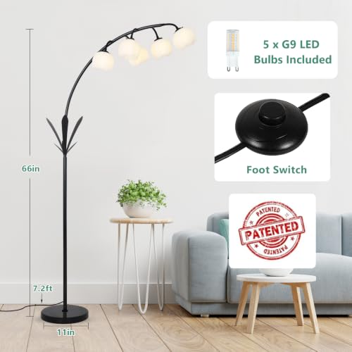 Image of HMVPL Black Floor Lamp for Living Room, Flower Floor Lamp with 5 G9 LED Bulbs, Foot Switch, Arc Standing Lamp with Acrylic Shade,Marble Base, Cute Tall Lamp for Living Room Corner Bedroom Reading Home