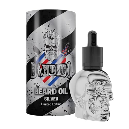 BANDIDO Olio Barba Uomo 40ml con Design a Teschio Argento | Olio da Barba Uomo Nutriente, Antiforfora e Volumizzante | Prodotti Barba per Stili Impeccabili | Beard Oil Adatto a Tutte le Barbe