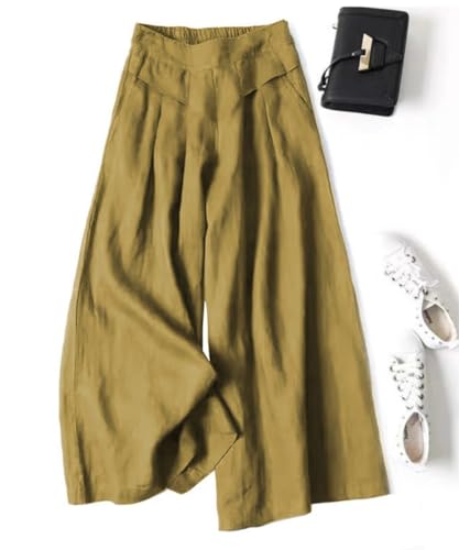 Women's Linen Culottes Cropped Wide Leg Pants Elastic Waist Casual Solid Comfy Baggy Palazzo Trousers with Pockets2
