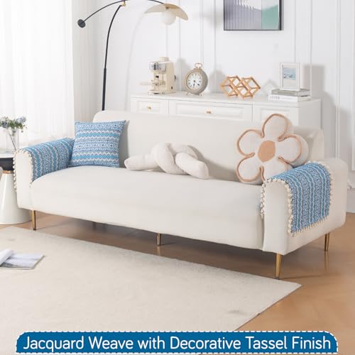 Image of HOKIPO Sofa Arm Cover with Tassel | 300 GSM Thick Cotton Acrylic Jacquard Armrest Mat, 50x70 cm, Pack of 2,'Trivana Series' Aqua Blue (IN-931-J7*2)