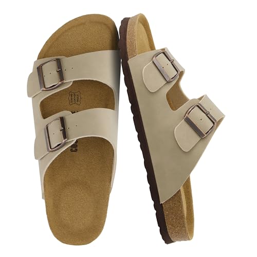 Image of CUSHIONAIRE Lane Cork Footbed Mens Sandals, Adjustable Buckle Comfort Slides for Men, Genuine Leather Insole Summer Sandals Men Footwear