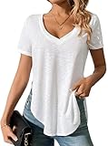 Remidoo Women's Side Split Tees V Neck T Shirt Curved Hem Sheer Top Short Sleeve Loose Shirts White Medium