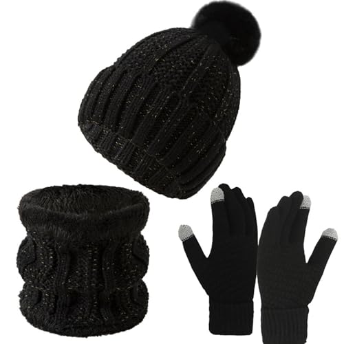 HELLORSOON Winter Beanie Hat Men Neck Warmer & Thermal Gloves Set, Long Knitted Scarf s Sock Thermal 3 Pieces Set Winter Hat Gloves For Men Gifts for Skiing Outdoor Sports Women